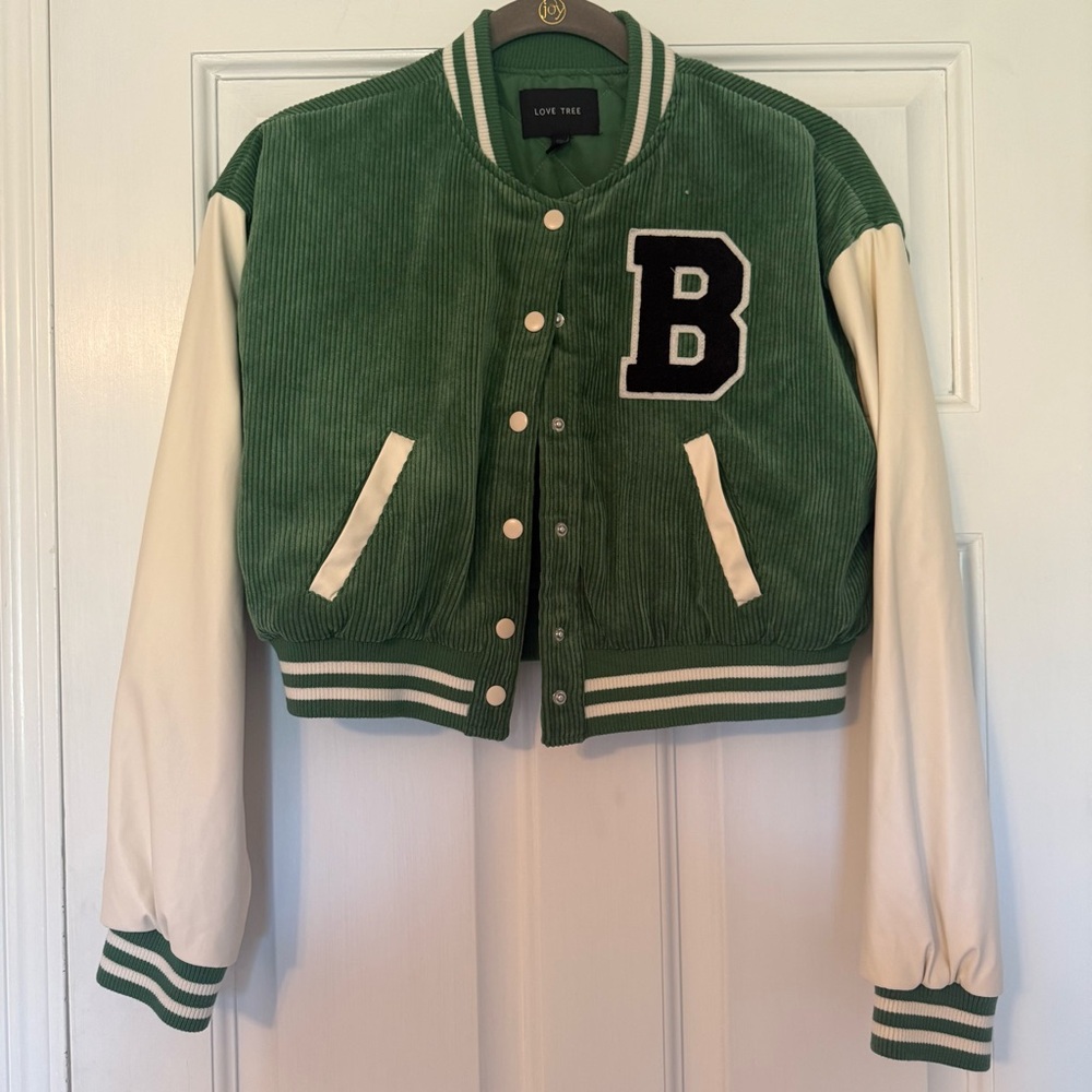 Love Tree Cropped Letterman Varsity Bomber Jacket in Green and Cream